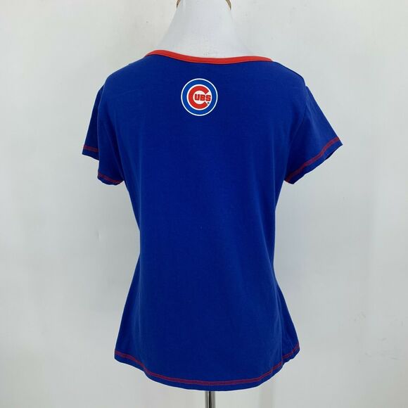 Vintage Chicago Cubs Shirt Women XS Youth Size XL Red Trim Notch Neck Blue Tee - Picture 5 of 10